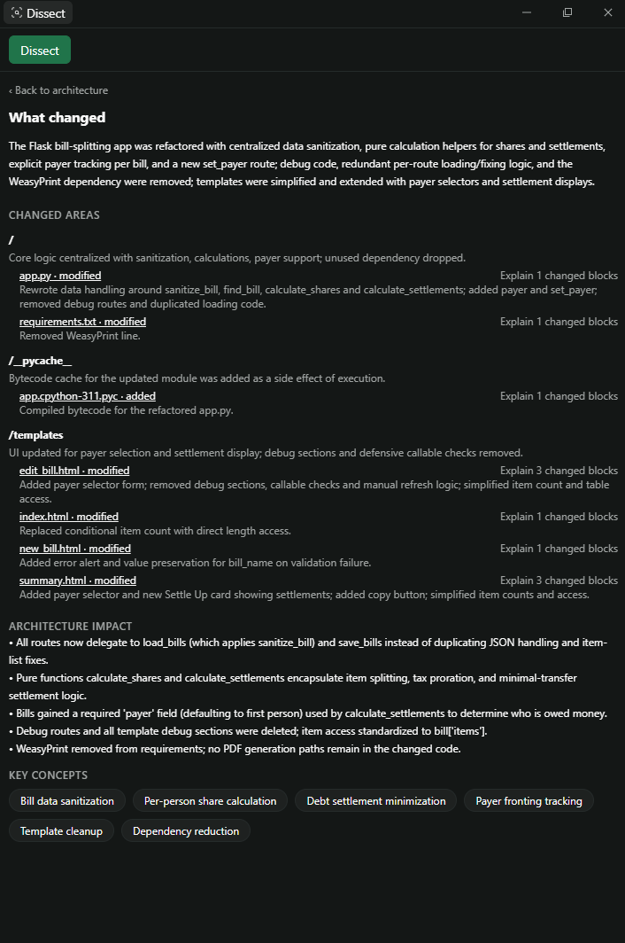 Dissect change analysis showing modified files, architecture impact, and key concepts