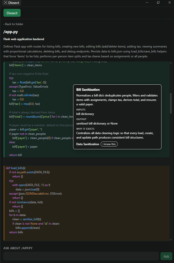 Dissect explains bill sanitization beside annotated Python source code